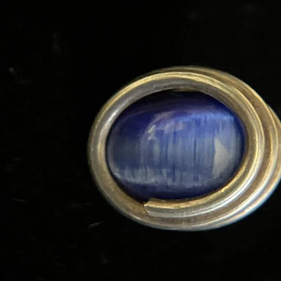 Vintage Modernist Sterling Silver Blue Cat's Eye Stud Earrings Oval Cabochon - Picture 8 of 10